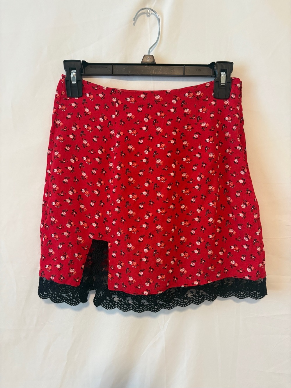 Red Floral Mini Skirt with Black Lace Trim